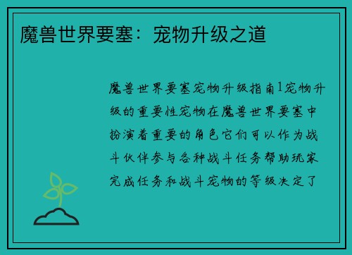 魔兽世界要塞：宠物升级之道